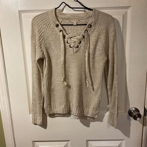 It’s Our Time Oatmeal Colored Long-Sleeve Lace Up V-Neck Pullover Sweater